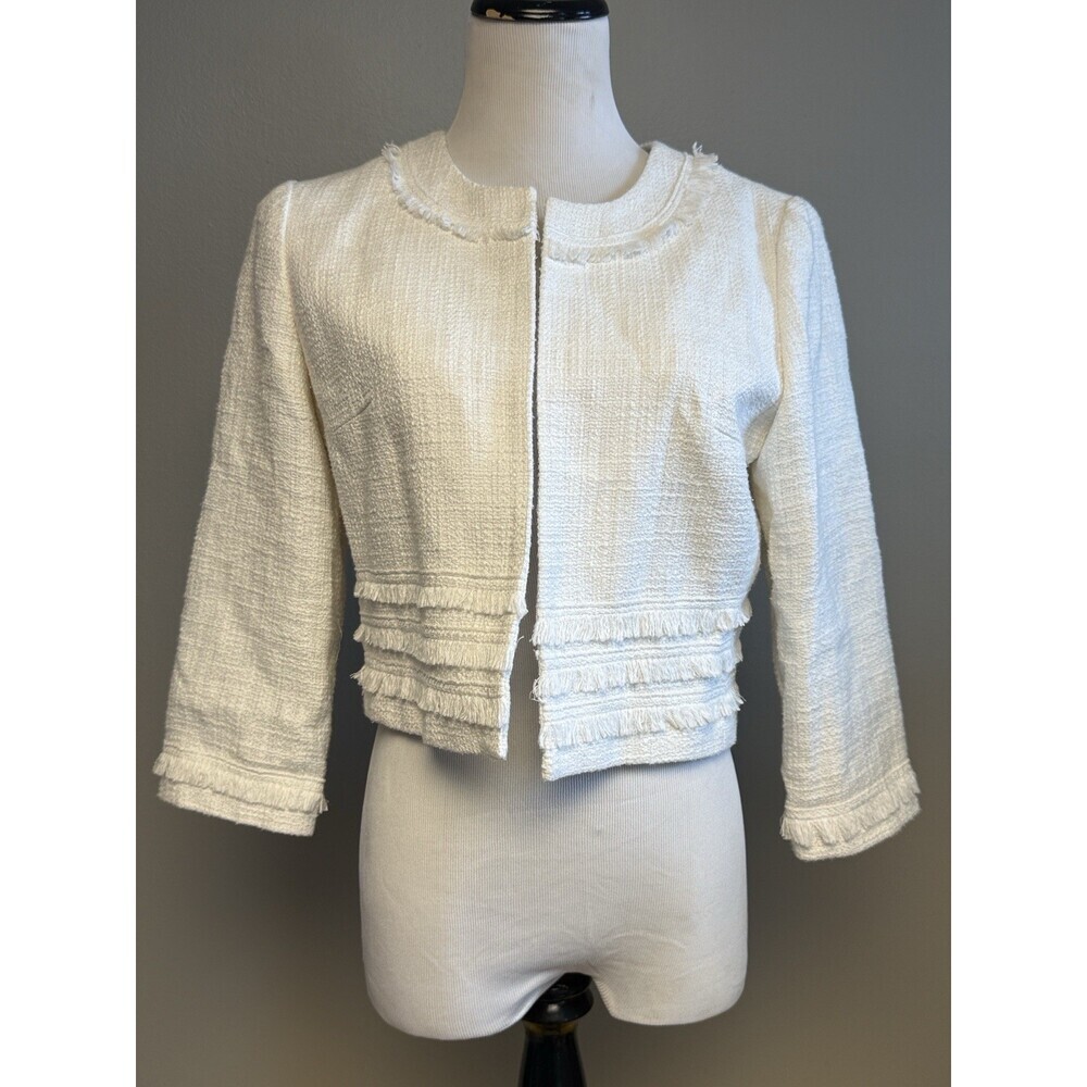 Karl Lagerfeld Textured Cropped Jacket Fringe Trim White M